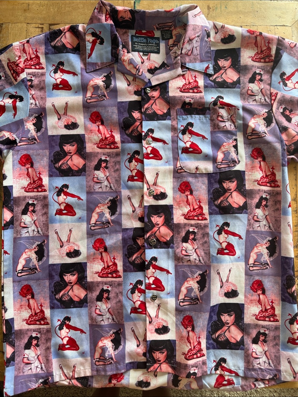 Bettie Page Lavender Shirt with Red and Black Pinup Print